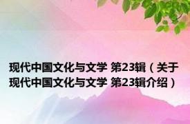 现代中国文化与文学 第23辑（关于现代中国文化与文学 第23辑介绍）