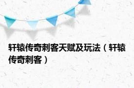 轩辕传奇刺客天赋及玩法（轩辕传奇刺客）