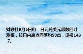 财联社9月5日电，日元兑美元悉数回吐涨幅，较日内高点回落约50点，现报143.7。